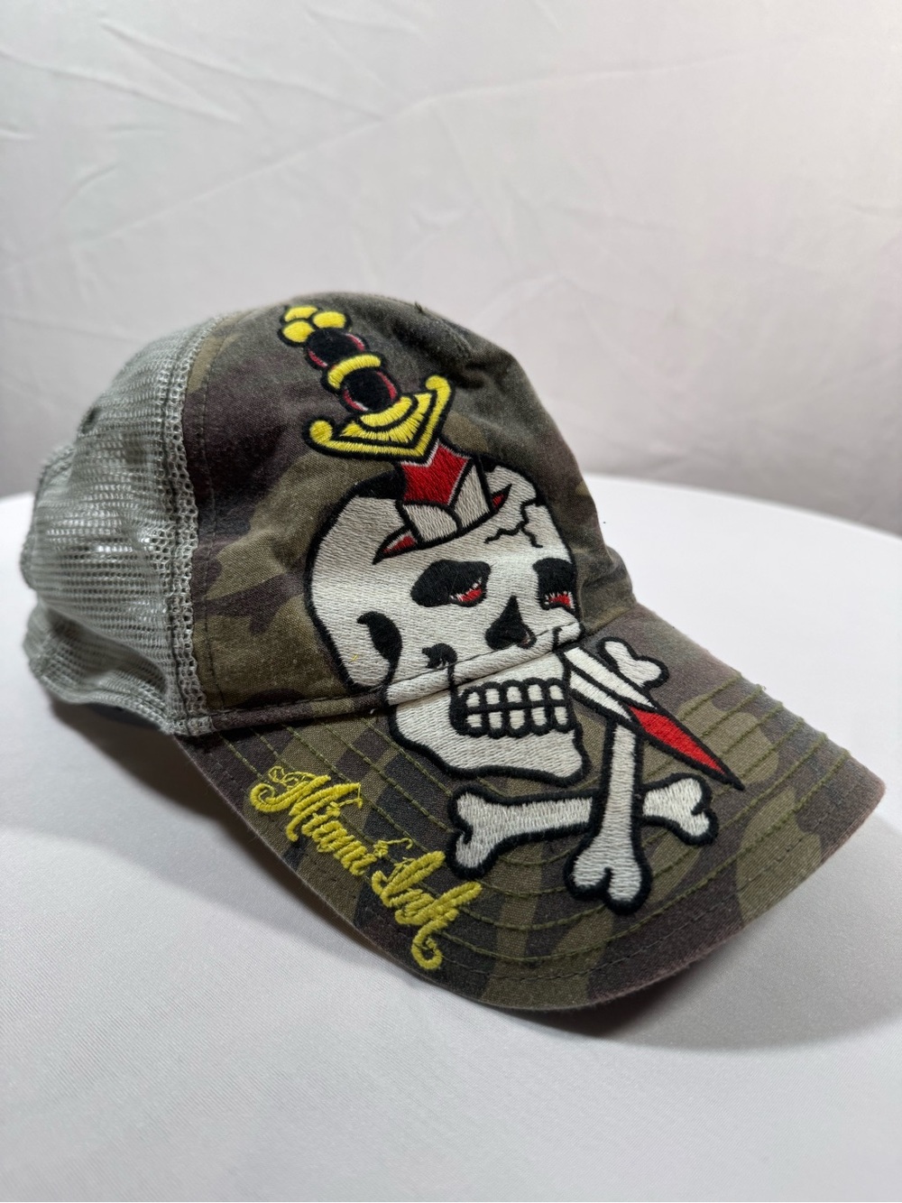 Miami Ink Camouflage Skull Trucker Hat with Red Accent